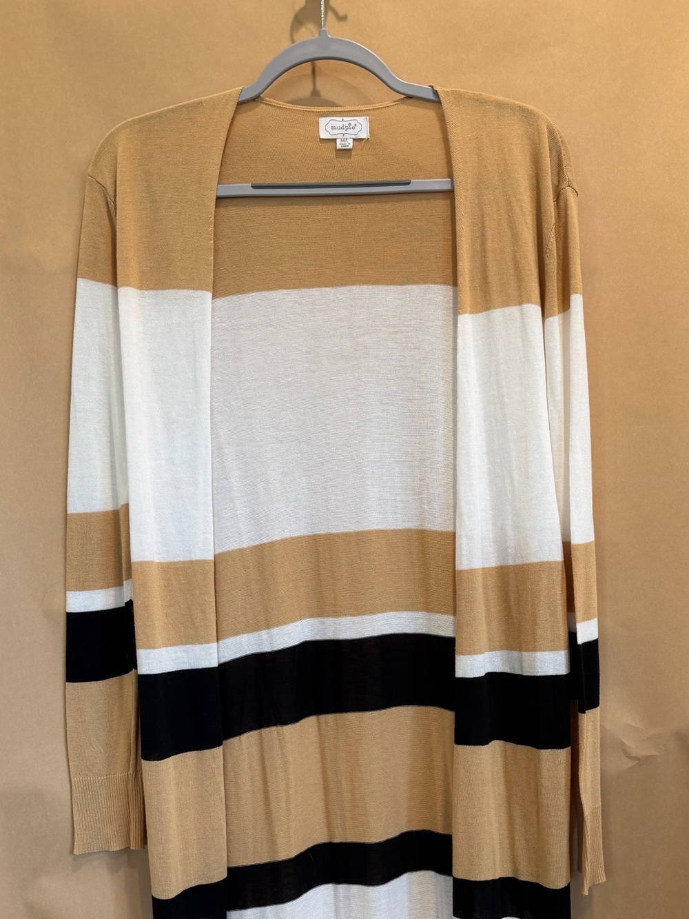 Mud Pie Tan, White & Black Striped Open-Front Cardigan